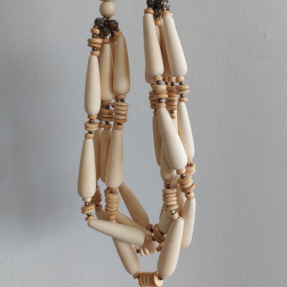 FASHION JEWELRY Women's Oblong/Round 4 Strands Wood Beads Necklace - Ivory/Tan - Picture 9 of 9